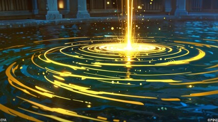 A magical glow shimmers beneath the surface of the sacred river. Tiny golden particles swirl as if a hidden energy is present. The water ripples slightly, reflecting the moonlight and temple lights. T