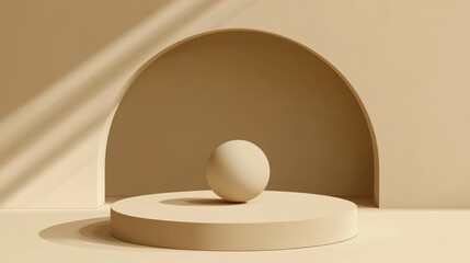 A beige sphere is centered on a round platform with an archway