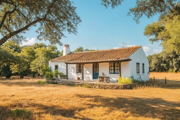Obraz premium Charming Rural Cottage Surrounded by Lush Green Trees Under Bright Blue Sky
