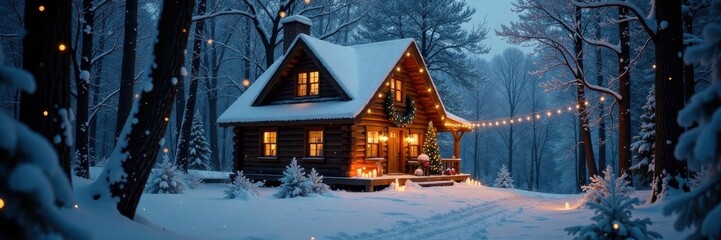 Cozy Christmas cottage in the woods with candles and snowfall, snow, cottage, candles