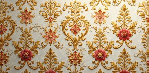 Fototapeta premium Damask floral pattern in gold with intricate designs and soft colors , High End Style, Elegant Patterns, Luxury Golden Background