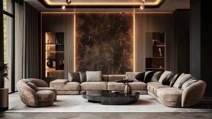 Luxury Modern Living Room Interior Design Brown Velvet Sectional Sofa Elegant Dark Marble Wall  Warm Lighting Home Decor Apartment end gold cozy rich 