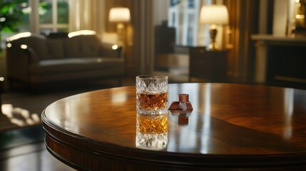 Elegant Whiskey Glass on a Polished Table in a Cozy Living Room Setting