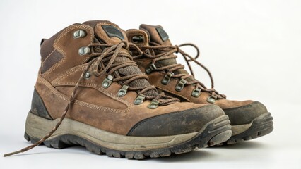 Brown Leather Hiking Boots on White Background