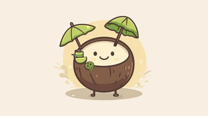 Cute coconut cocktail drink under parasols