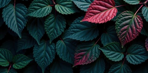 Dark foliage with intricate leaf patterns, exotic, mysterious, dark