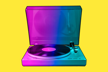 Colorful gradient turntable with vinyl record on yellow background