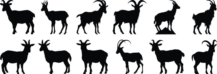 Goat silhouettes set, animal pack of vector silhouette design, isolated background