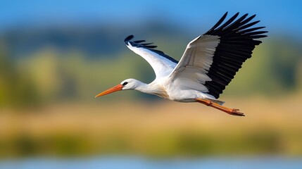 Majestic white stork soaring gracefully across a vibrant landscape