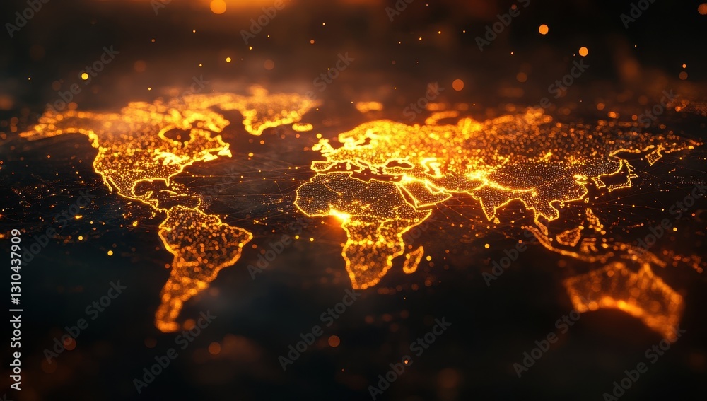 Poster detailed view of glowing world map with luminous lines and dots representing connections and data fl