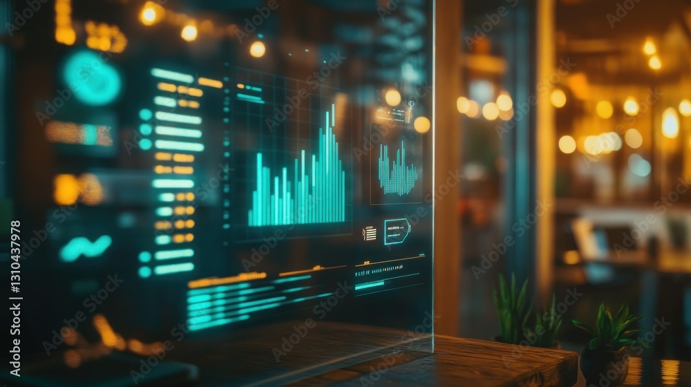 Poster futuristic digital interface with graphs and data visualizations in a modern cafe setting