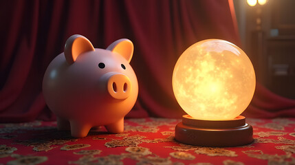 A piggy bank in a fortune tellers tent looking at a glowing crystal ball