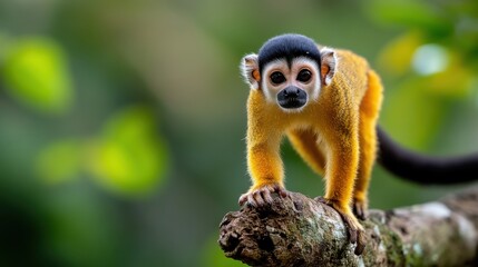 Curious Guianan squirrel monkey exploring its lush forest habitat