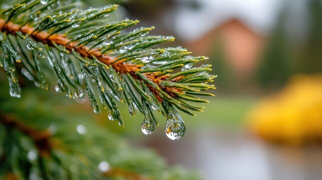 Moody drops of rain clinging to a pine branch on a rainy day