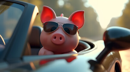 A piggy bank sitting in a luxury sports car wearing sunglasses