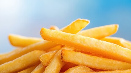 Golden French fries stacked high against a vibrant blue background