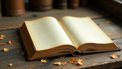 Fototapeta premium Old wooden table with open book lying on it, showing yellowed pages , wood, antique