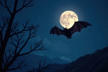Dark silhouette of a flying bat against a spooky moonlit sky, darkness, shadowy, spooky night