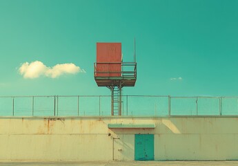Elevated observation tower against a turquoise sky with minimal clouds and industrial fence creating a stark urban landscape and serene atmosphere