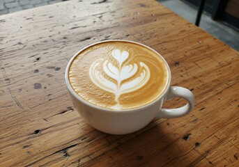 Latte art, delicious coffee, heart shape, coffee cup, coffee of love, Heart-shaped latte art in a creamy cappuccino on a wooden table