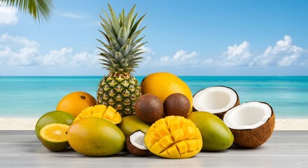 Table full of tropical fruits such as mango, pineapple and coconut