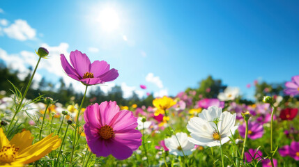 Fototapeta premium vibrant flower field in full bloom under clear blue sky, radiating joy