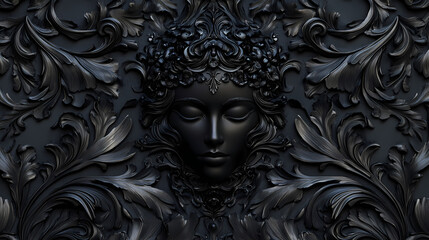 Intricately designed black 3d rococo wallpaper with classic dark decorative pattern, background, black, ornate. Ornate - Mask. Illustration