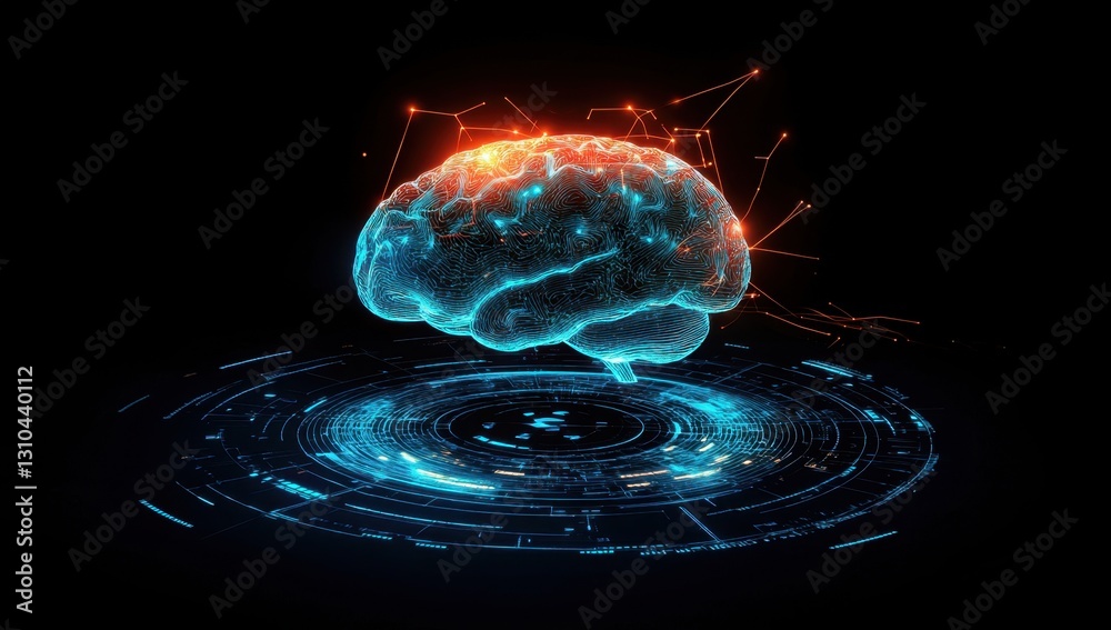 Poster 3d render of a glowing brain hologram floating on a dark blue background with futuristic elements an