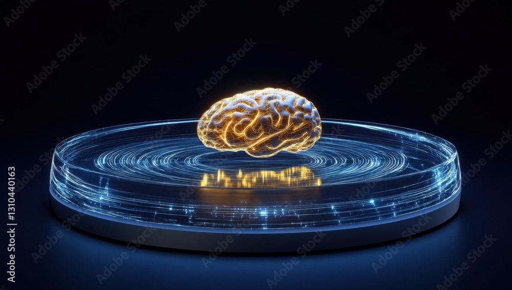 Poster 3d rendering of a glowing brain floating above a futuristic circular hologram with digital lines on 