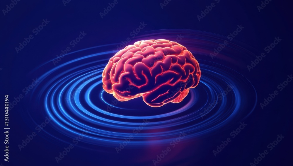 Poster 3d render of a glowing human brain floating on a dark blue background with digital circular wave pat