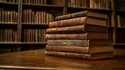 A Stack Of Old Leather Bound Books In Library Setting