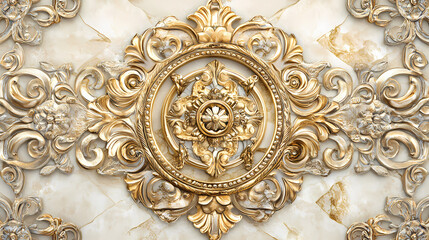 Mosaic tile backsplash with beige background and ornate golden patterns, geometric, architecture, decor. Ornate - Mask. Illustration