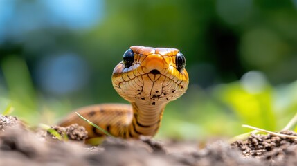 Fototapeta premium Cunning smooth snake poised in the grass on a sunny day