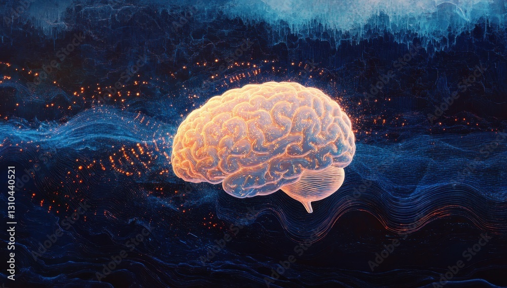 Poster 3d render of a glowing human brain floating on a dark blue background with digital circular wave pat