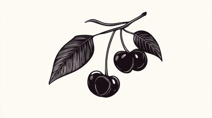 Hand-drawn stylized illustration of cherries on a branch with leaves. Possible use for food, botanical, or design projects