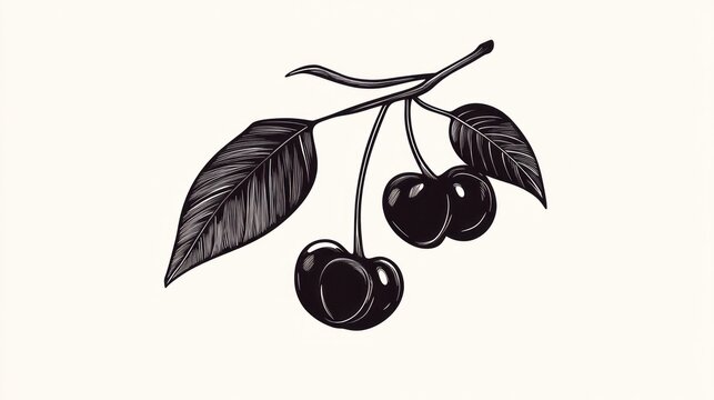 Hand-drawn stylized illustration of cherries on a branch with leaves.  Possible use for food, botanical, or design projects