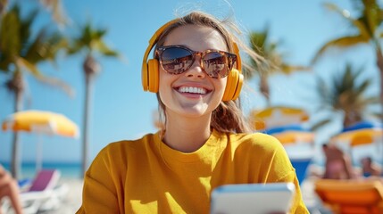 Young woman enjoying music at the beach on a sunny summer day