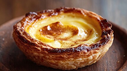 A detailed portrait of a Portuguese pastel de nata with creamy custard in a flaky crust, fresh from the oven and dusted with cinnamon --ar 16:9 --v 6.1 Job ID: 7c6ff3dc-444b-4cb5-8713-ae378581e3c0