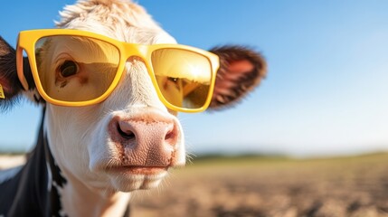 Funny black and white dairy cow enjoys sunny day with yellow sunglasses