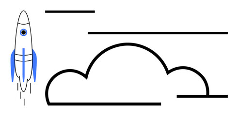 Minimal rocket taking off beside cloud and dynamic lines. Ideal for innovation, startup growth, creativity, exploration, technology, ambition, progress. Flat simple metaphor
