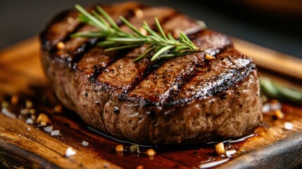 Savoring grilled steak with rosemary on a rustic wooden plate