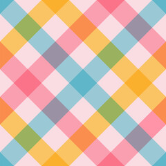 Multicolored diagonal gingham seamless pattern. Spring geometric checkered background.