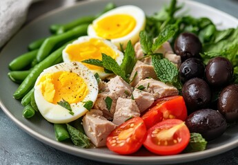 Fresh and Healthy Meal Featuring Olives, Eggs, Chicken, Tomatoes, Green Beans, and Mint on a Gray Plate for Nutritious Eating Inspiration