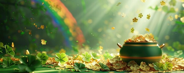St. Patrick's Day Banner with a Pot of Gold, Rainbow, and Clover Leaves on a Softly Lit Green Background