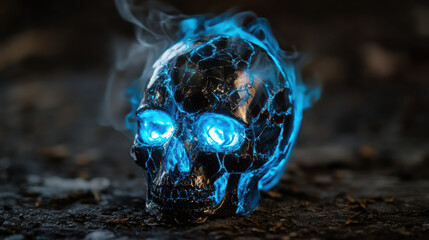 A cracked obsidian skull, illuminated by an eerie blue flame emerging from its hollow eye sockets