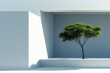 Obraz premium Minimalist Architecture with Single Green Tree in Contemporary Outdoor Space