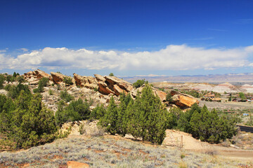 Rock Formations in Colorado National Monument Park with blue sky copy space.  Located in Fruita, Colorado, USA.