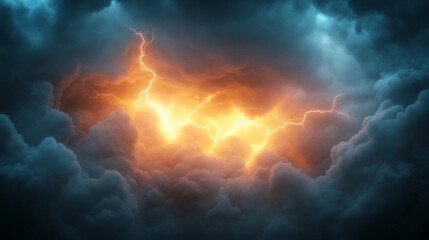Fiery Lightning Strikes within Dark Storm Clouds