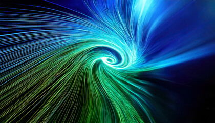 Fototapeta premium Background with glowing light blue and green lines, particles of data flowing in the air. 