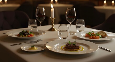 Fototapeta premium Elegant dining table with gourmet dishes and candlelight